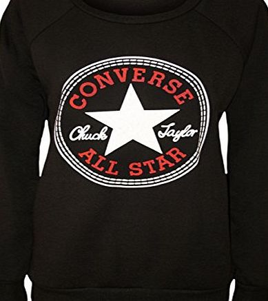 LUCKY FASHION NEW WOMEN CONVERSE ALL STAR SWEATSHIRTS LONG SLEEVE JUMPER PULL OVER TOPS UK SIZE 8-14 (M/L 12-14, BLACK)