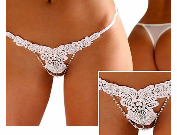 Ladies White Sexy Embroidery Diamante Rhinestone Thongs G string Knickers Panties Underwear Brief Lingerie