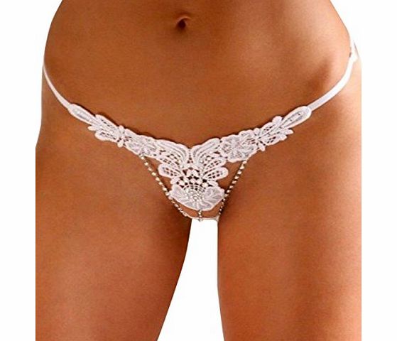 luckyemporia White Sexy Ladies Embroidery Diamante Rhinestone Mesh Thong G string Panties Knickers Underwear One 