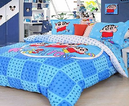 Luk Oil Japanese Anime Crayon Cartoon Blue Bedding Set Cute Crayon Boys and Girls Soft Duvet Cover Colorful Students Fashion Fillet Bed Sheets Queen Size 4Pcs