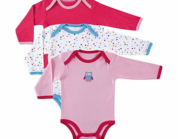 Luvable Friends 3 Pack Long Sleeve Baby Bodysuits Vests (0-3 Months, Pink Owl)