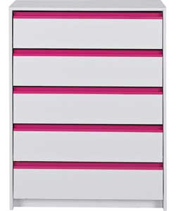 Kids 5 Drawer Chest - White and Pink