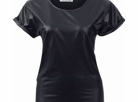 Luxury Celebrity JESSIE J Wet Leather Look Roll Up Sleeve PVC Casual T-Shirt Womens Top M/L