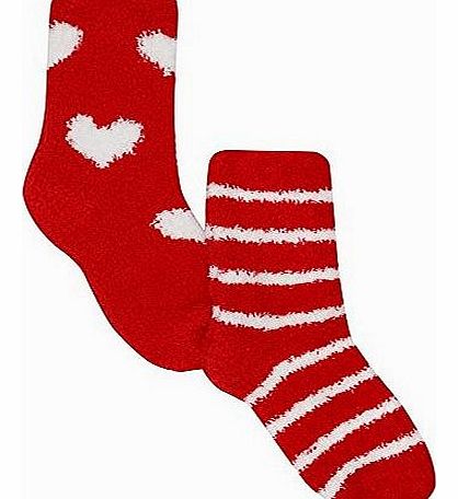 Girls Super Soft And Cosy Heart And Striped Fluffy Bed Socks - 2 Pack Red 12H/3H