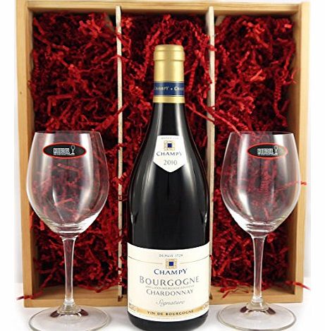 Maison Champy 2010 Maison Champy Vintage White Wine with two Riedel Crystal Wine Glasses presented in a wooden box