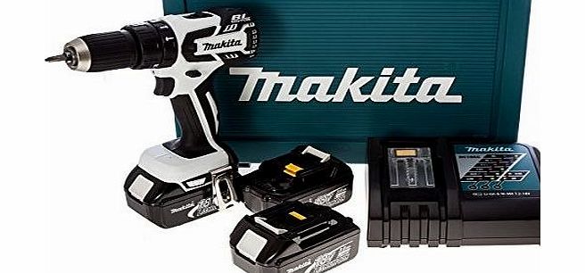Makita DHP459RF3W 18V Cordless Li-ion 13mm Brushless 2-speed Combi Drill (3 x 3Ah Batteries) - White