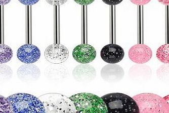 MAKS Set Of 7 Mix Colours 316L Surgical Steel Ball Tongue Studs With UV GLITTER Acrylic Balls Tongue Bars - 14G 16 x 1.6MM Body Jewellery - Body Bars