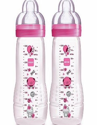 MAM 330ml Baby Bottle With Spill Free Lid - Fast Flow Teat (Pink, Pack of 2)