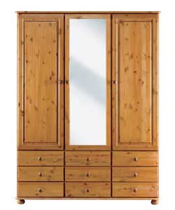 Wycombe 3 Door 9 Drawer Mirrored Wardrobe - Pine