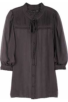 Burgundy silk demi-sheer blouse with a self stripe pattern throughout.