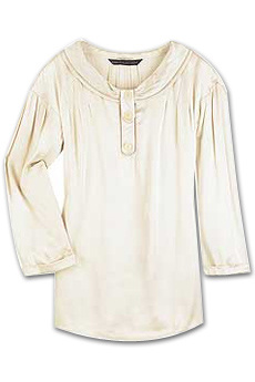 Cream wide neck satin blouse with a half placket.