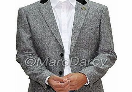 Marc Darcy Mens Designer Herringbone Tweed Grey Slimfit Blazer Casual Jacket Velvet Patches (44`` = XL, GREY)