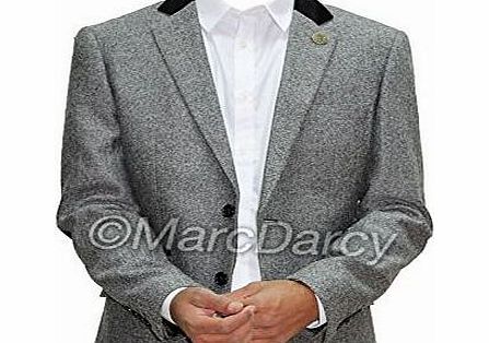 Marc Darcy Mens Designer Herringbone Tweed Slimfit Blazer Casual Jacket Velvet Patches (40`` Chest = Medium, Grey)