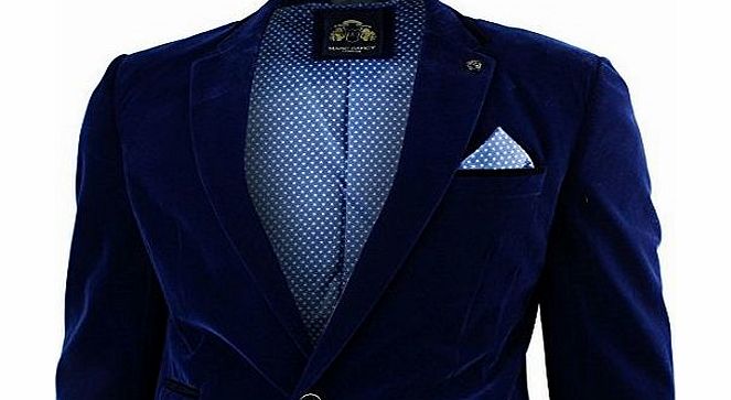Marc Darcy Mens Velvet Royal Blue Blazer Jacket Slim Fit Smart Casual Navy Trim