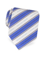 White and Blue Signature Bands Woven Silk Tie