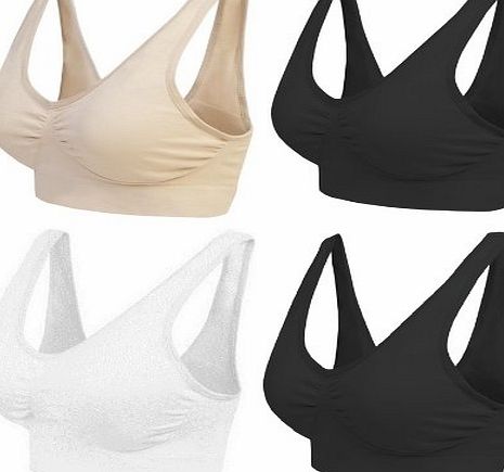 4 Pack Geuine Marielle Bra - The Ultimate comfort Bra. Premium Quality Material Seamless Support Comfort Sport Stretch Action Leisure Black White Nude / Beige (Small - Chest Size - 34-35in Uk 6-8, 3 