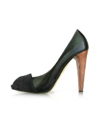 Mario Bologna Black Patent Leather and Suede Peep-Toe Pump Shoes