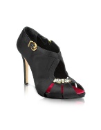 Jeweled Black Satin Cut-out Peep-Toe Bootie