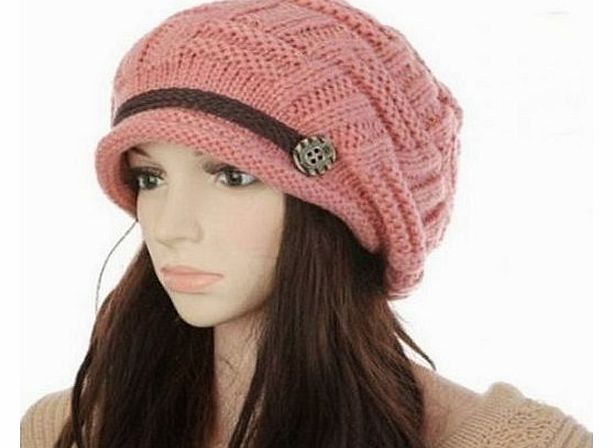 Women Knit Snow Hat Winter Snowboarding Beanie Crochet Cap (Pink)