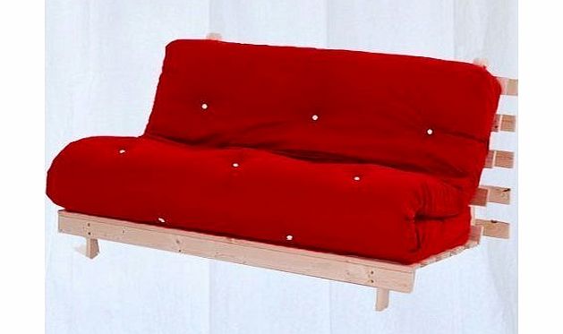 Complete 2 Seater Futon in Red, Double Wooden Futon Base and Luxury Mattress. Versatile & Comfortable, Converts from 2 Seater Sofa to Double Bed in Minutes.