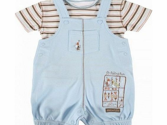 Max and Tilly 0-3 months Baby Boy ``Fly Fishing`` Short Dungaree Trousers and Matching Striped Top 2 Piece Set - Pale Blue
