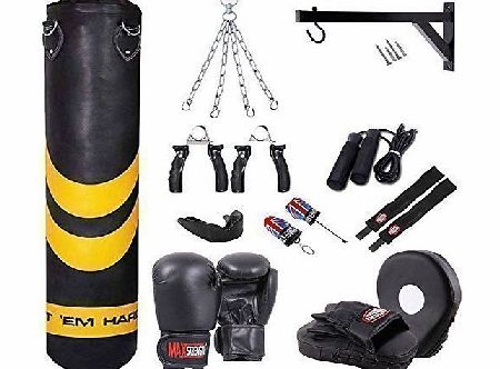 MAXSTRENGTH  Boxing Filled Punch Bag Set 4ft Sparring Training Mitts Kick Pads Chain MMA (Black Target, 4ft)