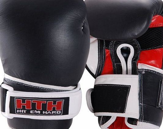 MAXSTRENGTH  Real Leather Boxing Gloves - Black/White/Red, 12 oz
