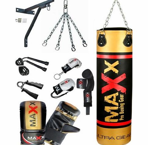 Maxx Punchbags New 5ft Blk/Gold Rexion Leather 12 pcs boxing set punchbag Wall Bracket rope amp; Gloves