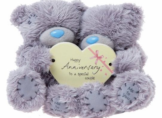 , Tatty Teddy, Grey Teddy Bears Holding a Cream Happy Anniversary to a Special Couple Heart Shaped Plaque, Sits 4`` Tall