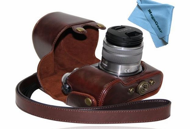 MegaGear ``Ever Ready`` Protective Dark Brown Leather Camera Case , Bag for Panasonic LUMIX GX7 with 14-42mm and 20mm Lens