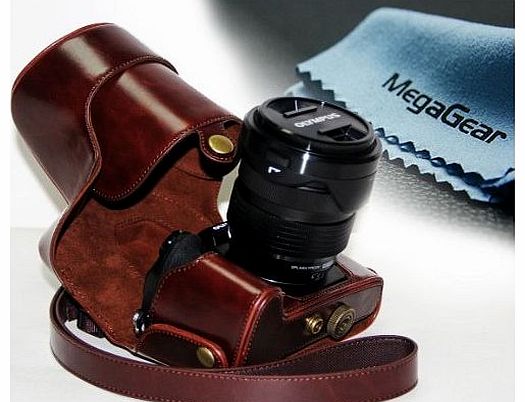 MegaGear ``Ever Ready`` Protective Fitted Leather Camera Case , Bag for For Olympus OM-D E-M1 with Lens (Dark Brown)