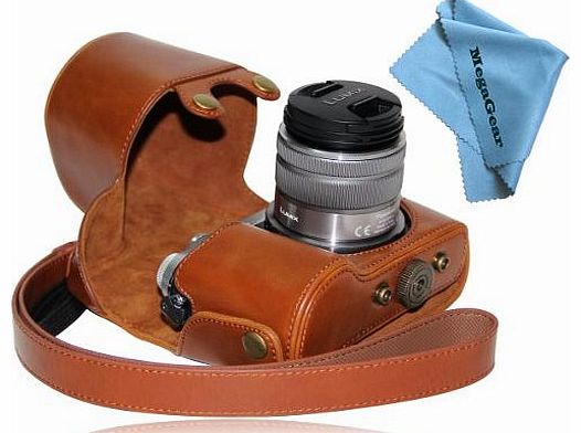 MegaGear ``Ever Ready`` Protective Light Brown Leather Camera Case , Bag for Panasonic LUMIX GX7 with 14-42mm and 20mm Lens