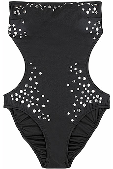 Black one piece bandeau swimsuit with stud embellishment.