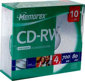 CD-RW 80 min - 1- 4x Speed 10 Pack in Slim Jewel Cases