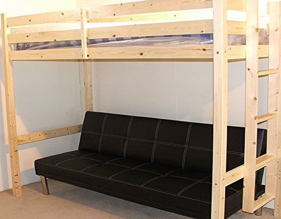 Futon Bunk Bed - 3ft single wooden high sleeper bunkbed - CAN BE USED BY ADULTS - Includes leather sofa bed that folds down to make bed