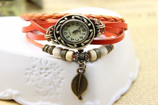 Menu Life 6 colors vintage bracelet watch with leaf pendant Genuine cow leather quartz wristwatches (Brown)