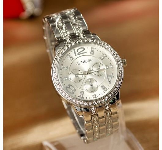 Menu Life Geneva Watch Full Steel Watches Women dress Rhinestone Analog wristwatches men Casual watch 2014 Ladies Unisex Quartz watches (Silver)