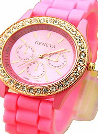 Menu Life Ladies brand GENEVA Watch Classic Gel Crystal Silicone Jelly watch 13 colors (Pink)