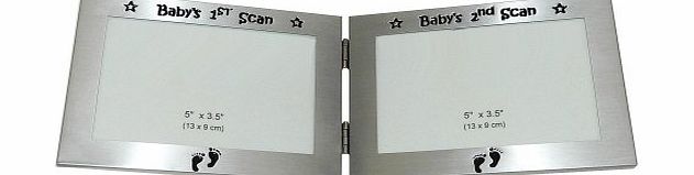 Message Frames Babys 1st Scan Picture amp; Babys 2nd Scan Picture  - Twin Folding Photo Picture Frame Baby Christening Gift - 5 x 3.5 `` - Brushed Aluminium Satin Silver Colour