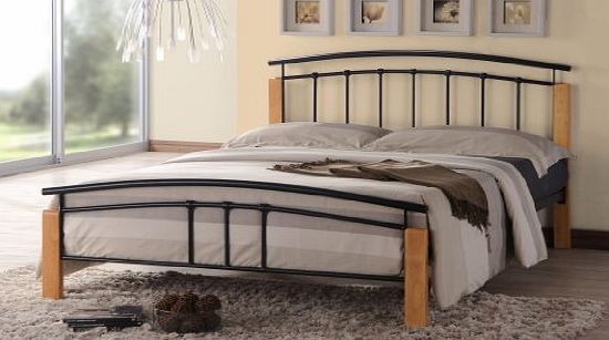 Metal Beds Thiago Contemporary Wooden Beech and Black Metal Bed Frame Bedroom Furniture (4FT6 Double)