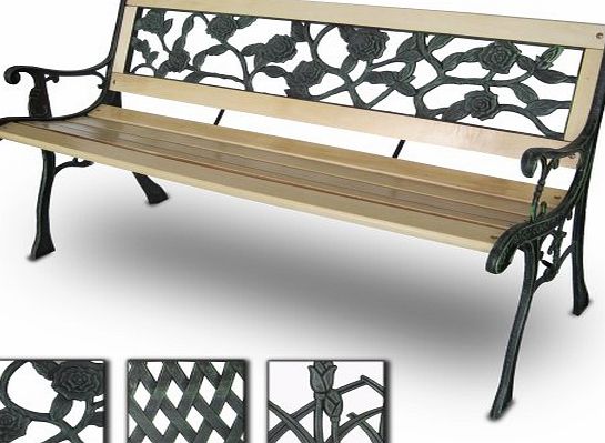 GRTB01-3 3 Seater Wooden Outdoor Garden Bench With Rose Design