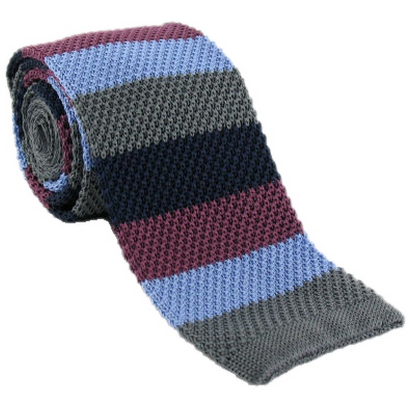 Grey Striped Skinny Silk Knitted Tie by Michelsons