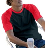 Hanes Short Sleeve Baseball Tee, Black/Red, S