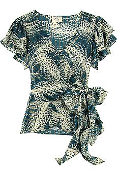 Exclusive feather print silk wrap top