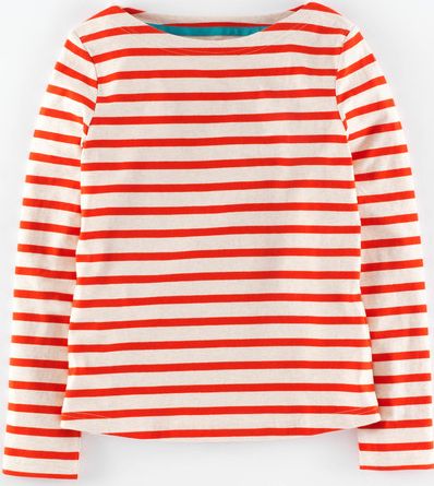 Mini Boden, 1669[^]34893107 Boat Neck T-shirt Oatmeal Marl/Poppy Red Mini