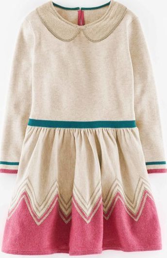 Mini Boden Chevron Sparkle Knitted Dress Light Oatmeal Marl