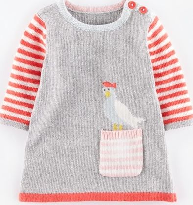 Mini Boden Fun Pocket Knitted Baby Dress Grey Marl/Seagull