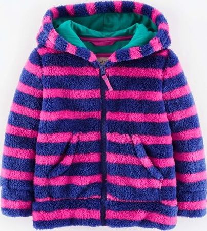 Mini Boden Hooded Teddy Zip Through Soft Navy/Pink Stripe