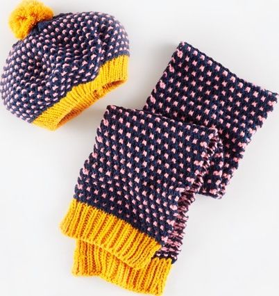 Mini Boden, 1669[^]34949073 Knitted Beret and Scarf Set Navy/Blush Mini