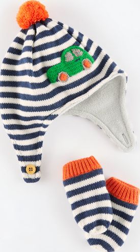 Mini Boden, 1669[^]34958330 Knitted Hat and Mittens Set Navy/Car Mini Boden,